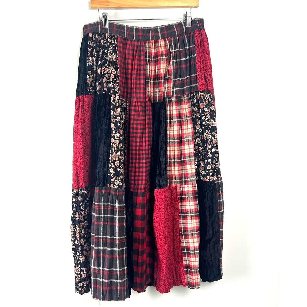 Vintage Women L Patchwork Plaid Floral Velvet Maxi Skirt Whimsigoth Cottage Folk